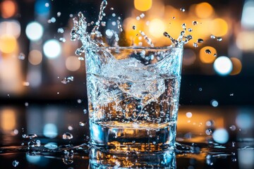 Aufkleber - A splash of water captured mid-air in a clear glass, with a vibrant bokeh background, emphasizing freshness and clarity in a dynamic and lively scene.