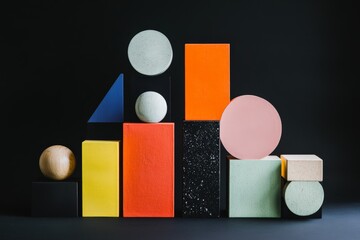 Aufkleber - Brightly colored geometric forms arranged in a bold and lively composition against a dark background, offering a striking visual contrast and dynamic balance.
