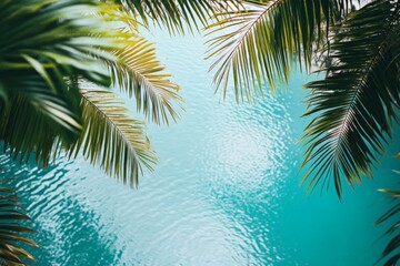 Poster - A stunning view of tropical turquoise water through a canopy of lush palm leaves, creating a serene and exotic atmosphere reminiscent of a paradise getaway.