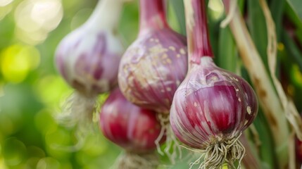 Wall Mural - Fresh garlic bulbs hanging outdoors with soft natural light