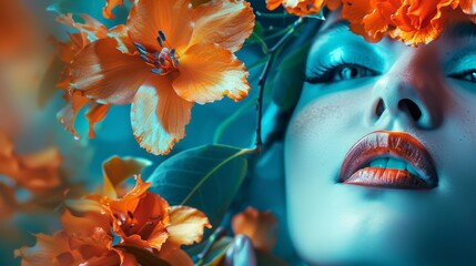 Canvas Print - Artistic portrait of a woman with vibrant orange flowers and blue lighting