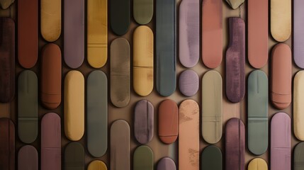 Poster - An arrangement of rounded, vertical shapes in various colors, including shades of brown, beige, green, and purple