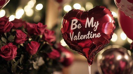 Aufkleber - A romantic setting for Valentine's Day featuring vibrant red roses arranged beautifully alongside a heart-shaped balloon that reads Be My Valentine, evoking feelings of love and affection.