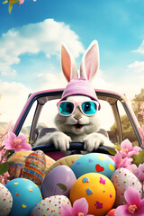 Cute Easter Bunny wearing sunglasses, looking out of a car window, perfect for fun holiday themes and playful concepts.