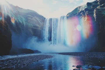 Poster - An enchanting waterfall cascades gracefully as vibrant rainbow colors dance across the mist, creating a magical scene under a clear blue sky.