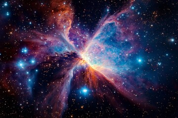 a stunning cosmic scene depicting a vibrant nebula with colorful gases and bright stars spread acros