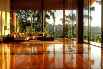 Aufkleber - A sleek and modern living room features glossy wooden floors reflecting sunlight, with floor-to-ceiling windows offering panoramic views of lush greenery beyond.