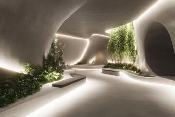 Poster - An imaginative corridor featuring fluid curves and integrated lighting, creating a futuristic ambiance that evokes modern innovation and sophisticated design.