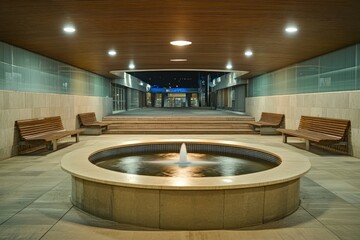 Poster - Image of a modern interior featuring a central fountain surrounded by wooden benches, with soft overhead lighting highlighting the architectural design.