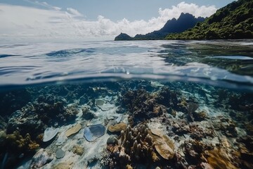 Aufkleber - Below the water's surface, vibrant coral reefs are visible, with a scenic island backdrop, illustrating the serene beauty of underwater ecosystems and nature.