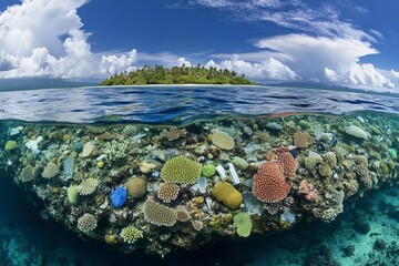 Poster - A captivating view of a lush tropical island with vibrant coral reefs below, showing the stunning ecosystem of the marine life and thriving coral structures.