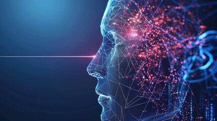Abstract digital human face with glowing lines and nodes.