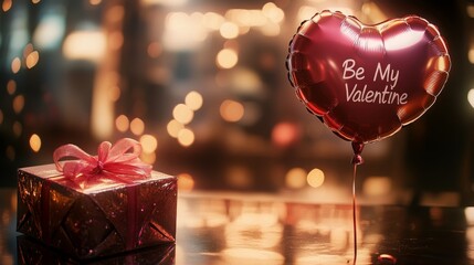 Aufkleber - A decorated space captures the essence of romance, with a heart-shaped balloon that reads Be My Valentine alongside an elegantly wrapped gift box tied with a pink ribbon.