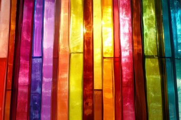 Poster - A vibrant composition of colorful glass panels creating vertical stained patterns, capturing the essence of light play and modern art with dynamic hues and balances.