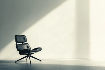 Poster - A sleek black chair is artistically placed in a minimally decorated room, highlighted by dramatic lighting that creates a striking interplay of shadows and space.
