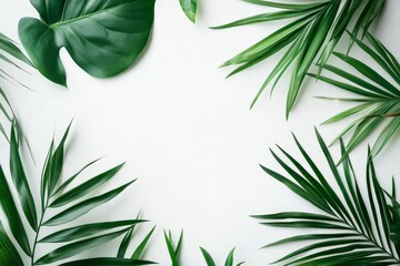 Aufkleber - Various types of lush green leaves artistically arranged to frame a clean, white, textured background, creating a fresh and natural composition.