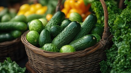 Wall Mural - Fresh green cucumbers in a wicker basket.