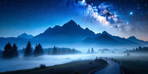 Wall Mural - Serene Nighttime Path Through Misty Forest to Majestic Mountains Under Starry Sky