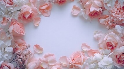 Poster - A beautiful arrangement of soft pink roses and delicate white flowers creates a circular frame around an empty center. This captivating and elegant display enhances any creative project or occasion.