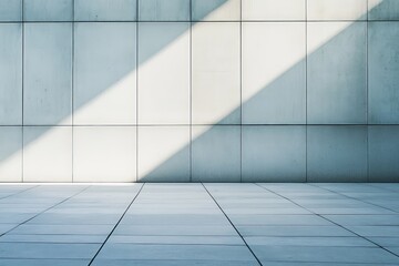 Fototapete - A concrete wall is illuminated by bright daylight, casting a dramatic shadow across its surface. This stark contrast creates an intriguing play of light. Shadow dance on wall.