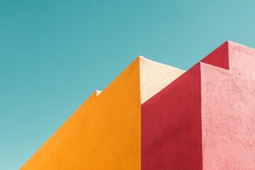 Leinwandbilder - Vibrant geometric shapes in red, yellow, and orange stand out against a bright blue sky, creating a vivid and modern abstract artwork full of color and energy.