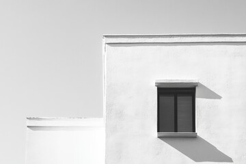 Fototapete - A minimalist white building facade with a single window is illuminated by soft sunlight, casting distinct shadows and emphasizing clean, geometric design aesthetics.