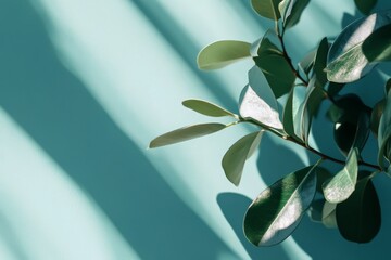 Poster - A branch of green leaves casting artistic shadows on a mint background, evoking a sense of tranquility and highlighting the interplay of light and shadow.