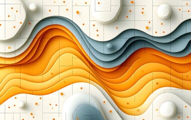 Poster - Abstract composition featuring flowing waves of orange and blue against a textured background, accented by white geometric shapes and dots, creating a dynamic and modern aesthetic.