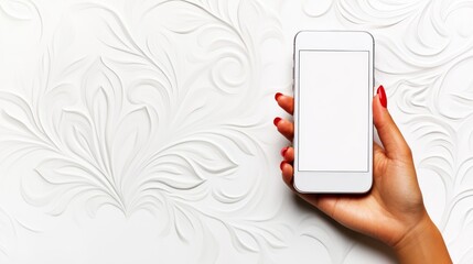 Close up cropped view photo picture of woman's hand holding showing blank empty screen of her smart telephone isolated white color backdrop