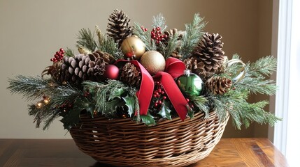 Wall Mural - Rustic basket filled with pinecones, ornaments, and holiday ribbons