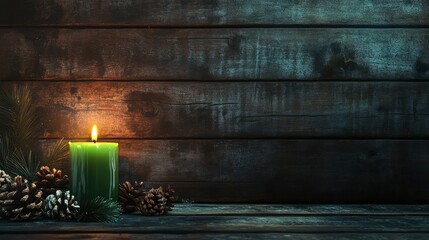 Poster - Rustic wooden background featuring a glowing green advent candle and pinecones