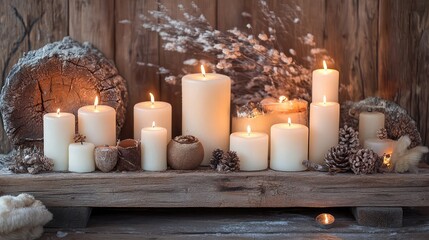 Poster - Rustic wooden table decorated with glowing candles and natural holiday elements