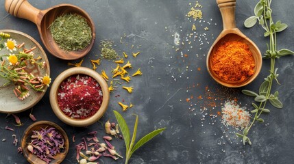 Poster - Colorful spices and herbs displayed in wooden spoons on a blue background