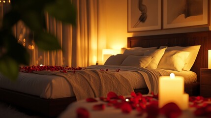 Aufkleber - Soft golden light illuminates a cozy bedroom adorned with scattered rose petals and candles, creating a romantic atmosphere. Ideal for a special occasion or intimate celebration.