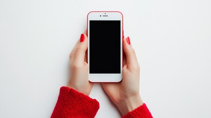 Close up cropped view photo picture of woman's hand holding showing blank empty screen of her smart telephone isolated white color backdrop