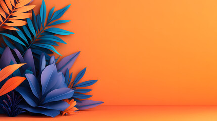 Poster - A vibrant arrangement of blue and orange paper leaves against a bright orange background, creating a striking visual contrast