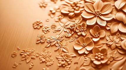Poster - A detailed floral relief design on a warm, textured surface, showcasing intricate blossoms and delicate patterns
