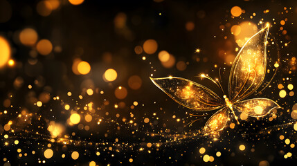 Poster - A shimmering golden butterfly glides through a backdrop of sparkling lights, creating a magical and enchanting atmosphere