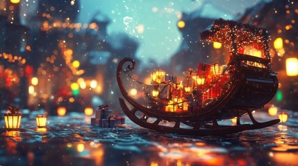 Poster - Sleigh filled with presents and surrounded by glowing lanterns