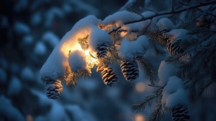 Poster - Snow-covered pinecones and branches lit by soft glowing candlelight