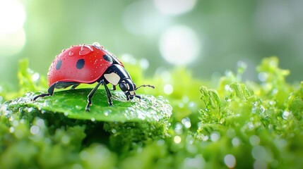 Sticker - Ladybug on dewy leaf in vibrant nature.