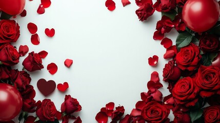 Poster - A beautiful arrangement featuring vibrant red roses, heart-shaped decorations, and balloons.
