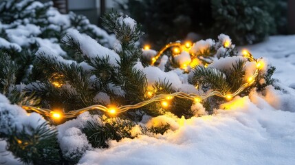 Wall Mural - String of golden lights wrapped around snowy evergreen branches