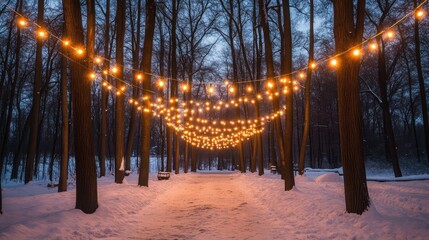 Poster - String lights illuminating a snowy forest with festive magic