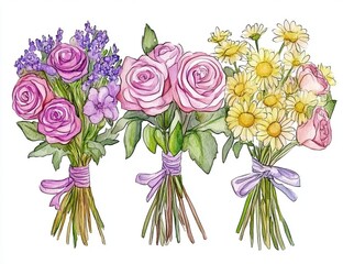 Poster - An exquisite depiction of floral bouquets and arrangements with watercolor pink, yellow, blue flowers, and green leaves on a white background. Ideal for spring-themed cards, invitations, and