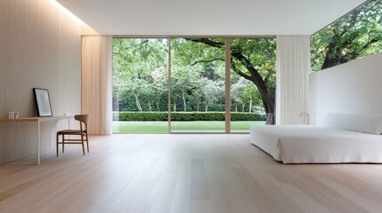 Canvas Print - Minimalist bedroom with large windows overlooking a lush garden.