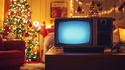 Poster - Vintage television in a cozy holiday-themed living room with soft lighting