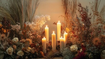 Poster - Warm advent scene with glowing candles surrounded by dried flowers and greenery