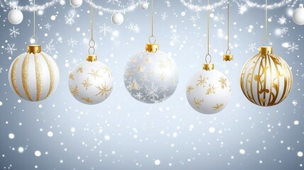 Wall Mural - Winter festive banner featuring white and gold Christmas tree ornaments on a frosty background