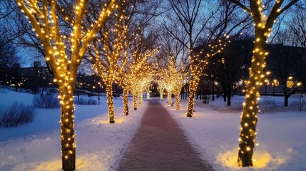 Poster - Winter wonderland with glowing Christmas lights strung between frosted trees